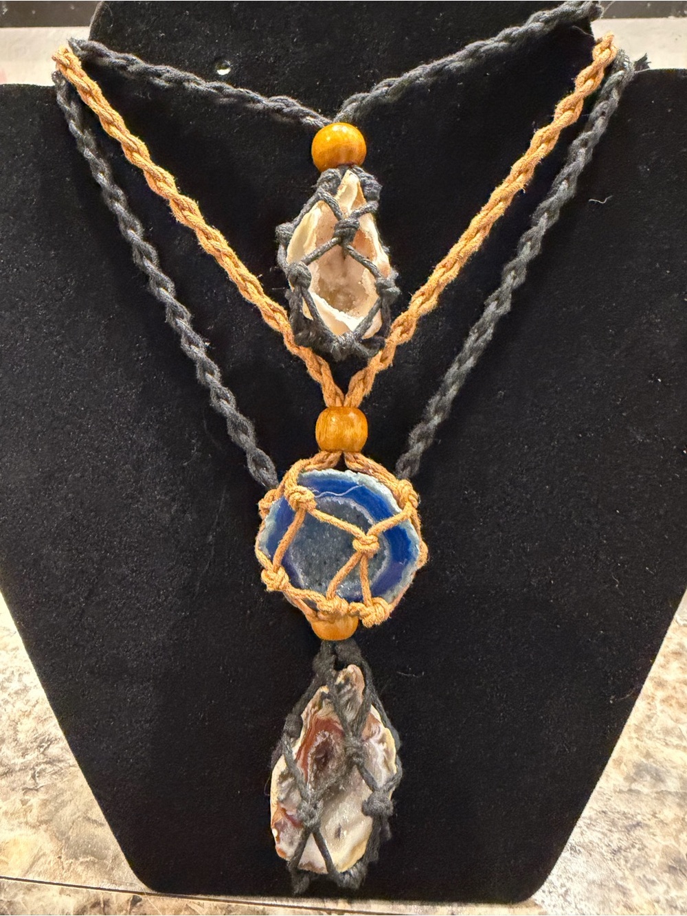 One-of-a-Kind Natural Stone Crystal Macramé Necklace Raw Geode Agate Pendant
